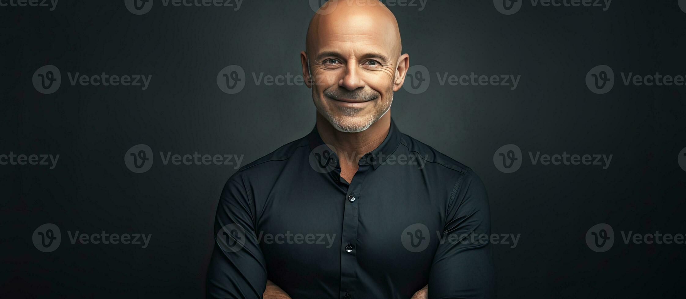 Confident mature bald man with crossed arms smiling waist up portrait photo