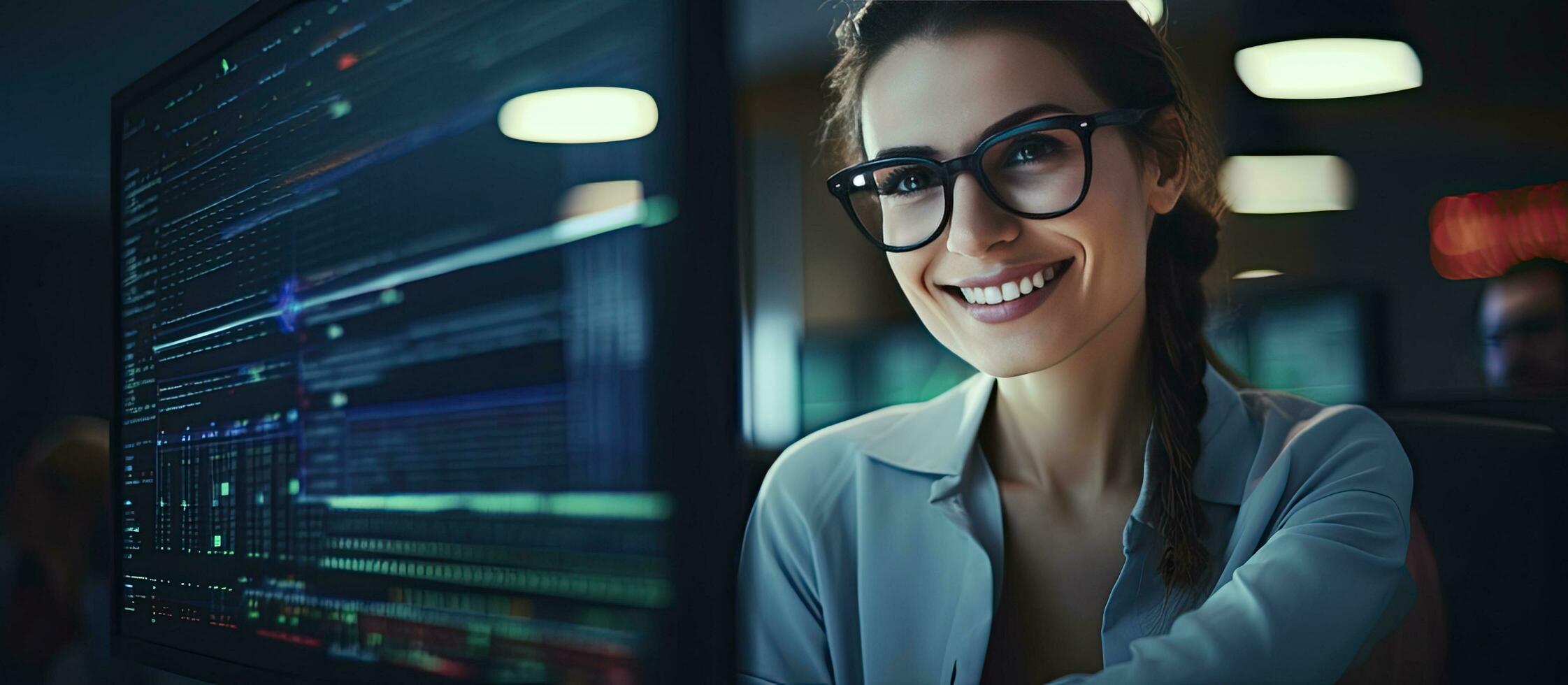 A woman IT developer poses with a smile surrounded by code in an office photo