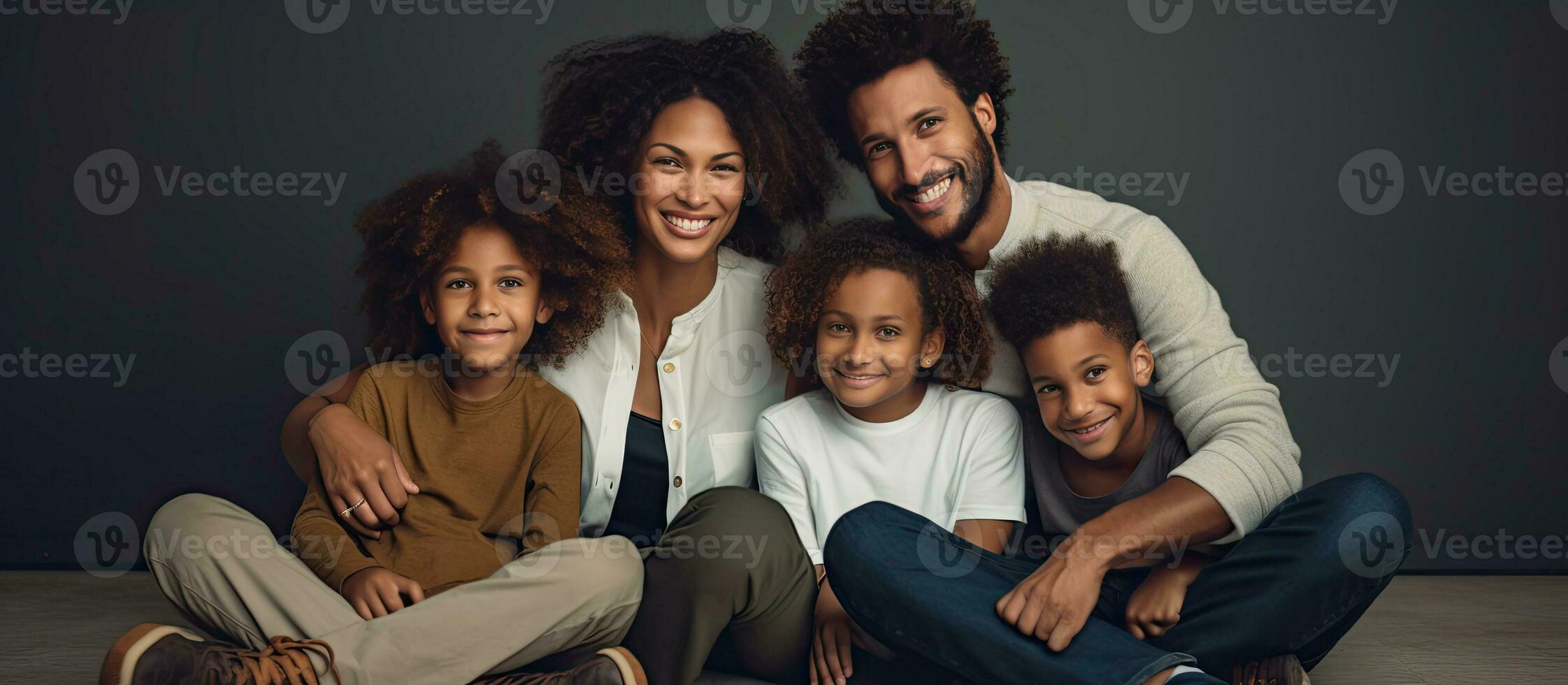 Joyful diverse family sitting on the floor with kids Smiling parents with their two sons posing for a photo Mother father and children leaning on wall