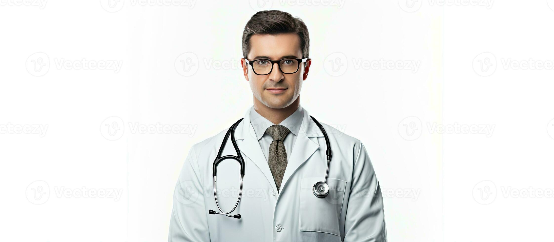 Portrait of a doctor in white coat glasses and stethoscope looking at the camera on a white background with space for text emphasizing health photo