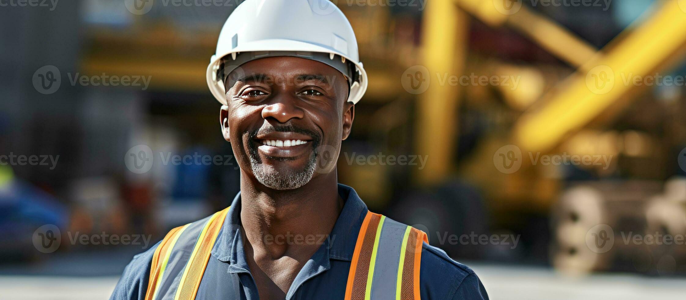 sonriente construcción trabajador a edificio sitio foto