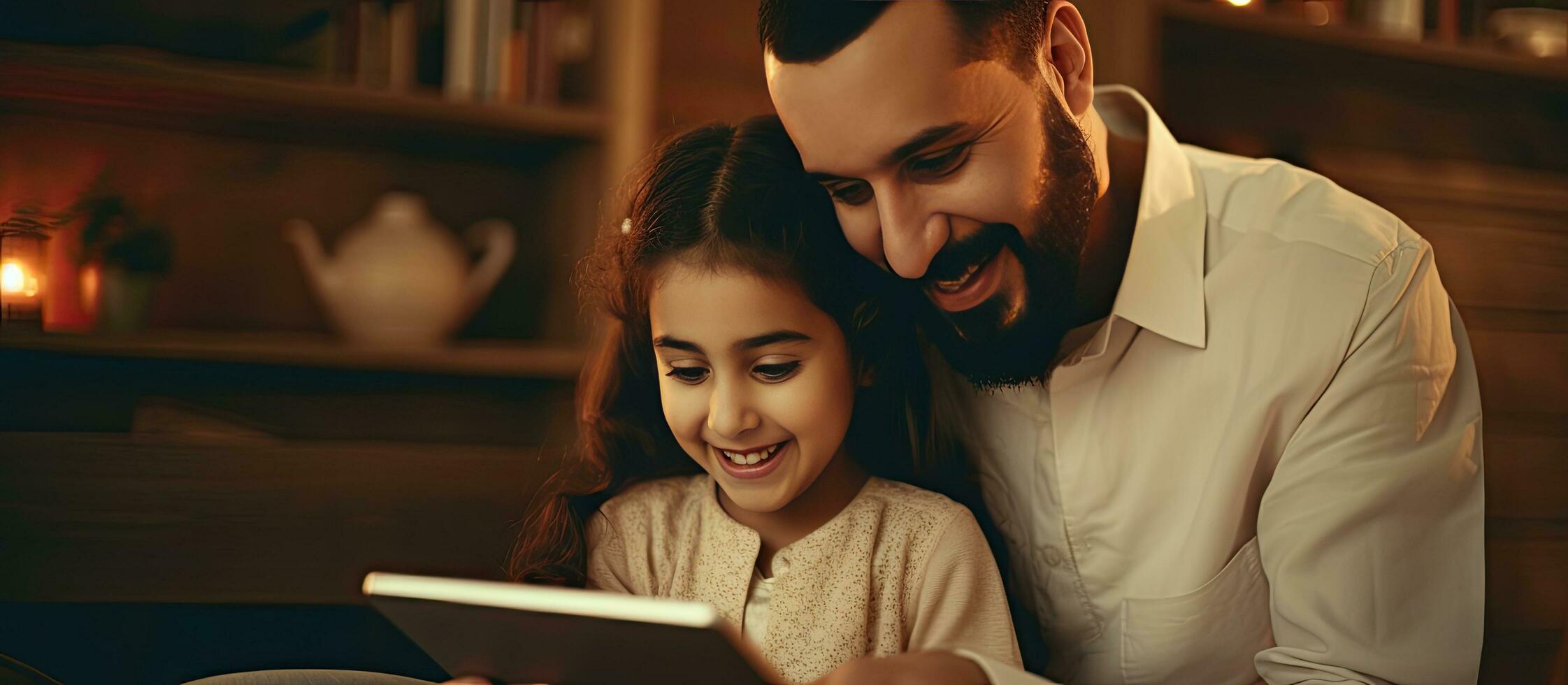 Young Arab father and his adorable daughter enjoying time together at home using a tablet for online shopping photo