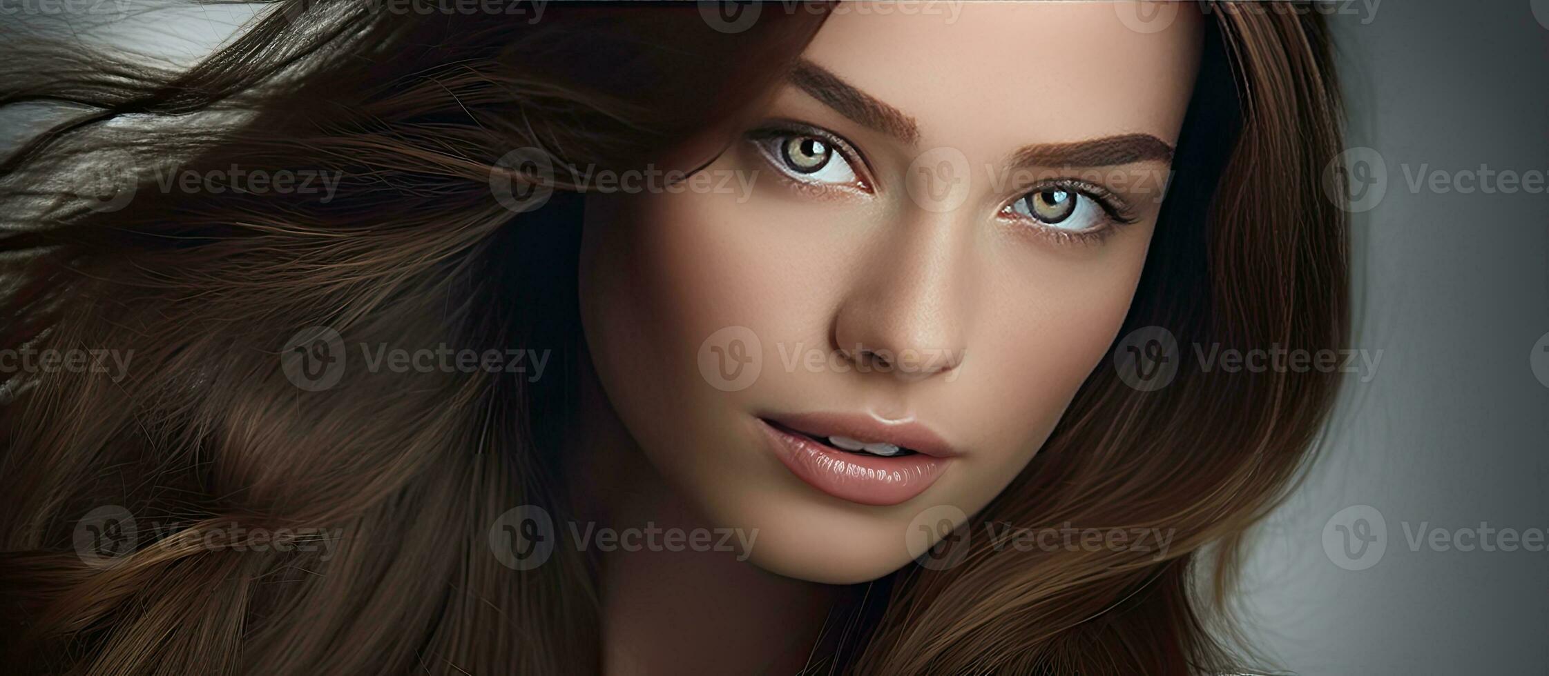 Beauty fashion makeup concept Beautiful woman with brown long hairs close up portrait looking up in grey studio background with copy space Eyes is in c photo