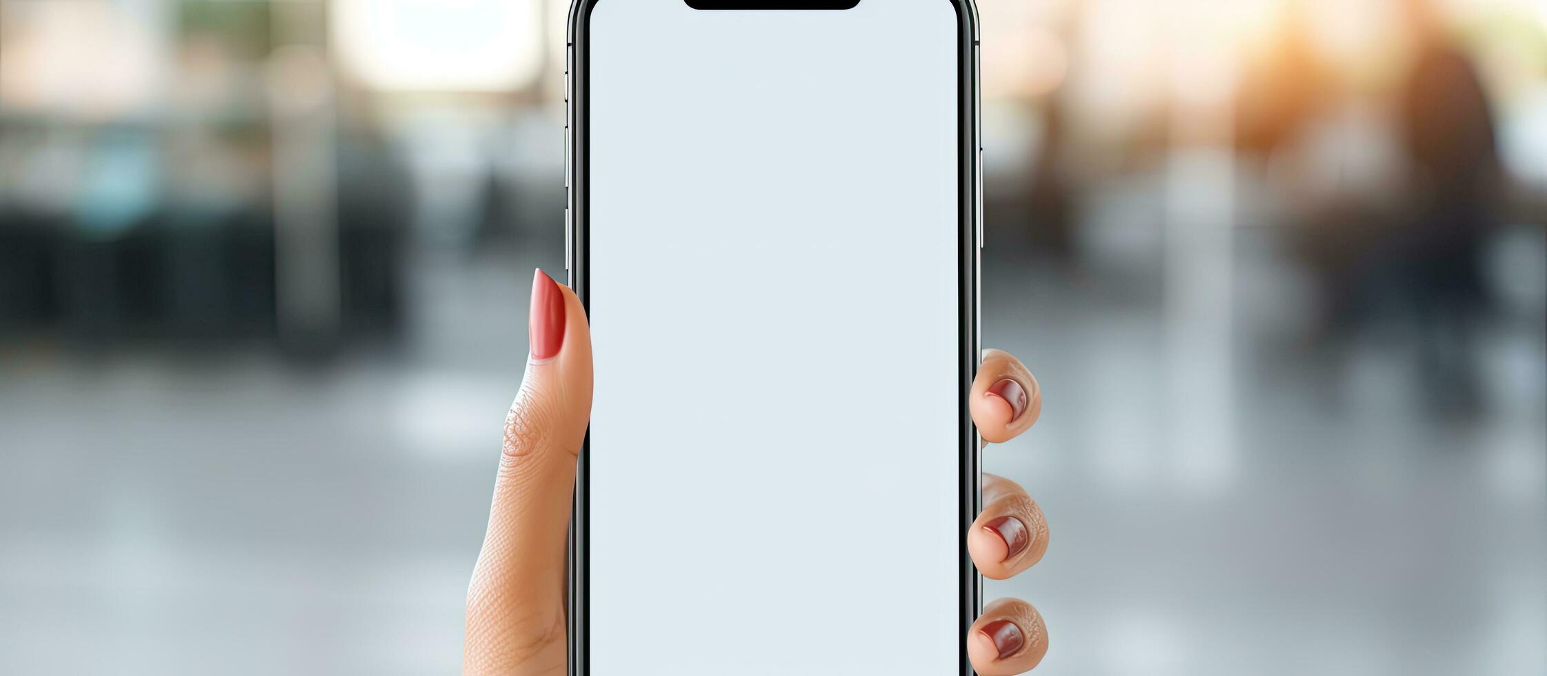 Closeup view of a young female holding a cell phone with a blank screen displaying a social media app ad photo