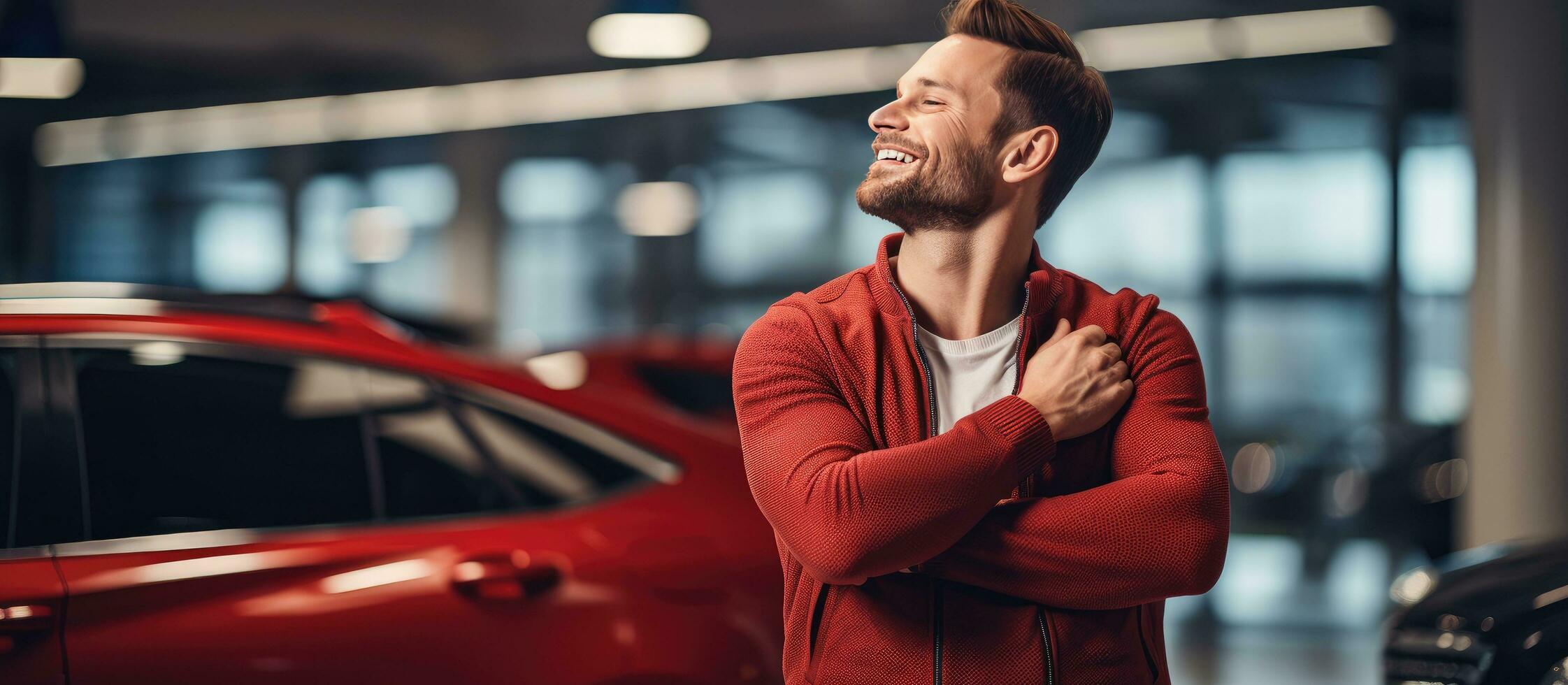 Ecstatic young man embracing new car imagining purchase at showroom Delighted millennial leaning on luxury vehicle at dealership photo
