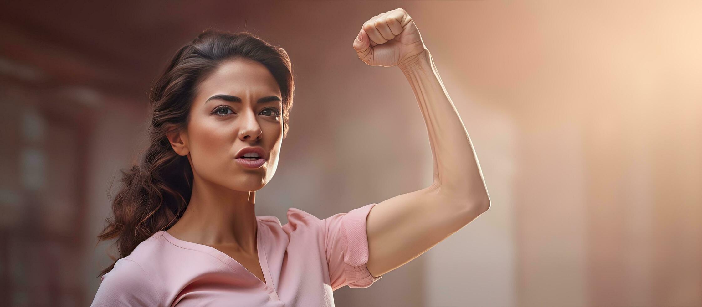 poderoso feminista mujer con blanco antecedentes mostrando fuerza foto