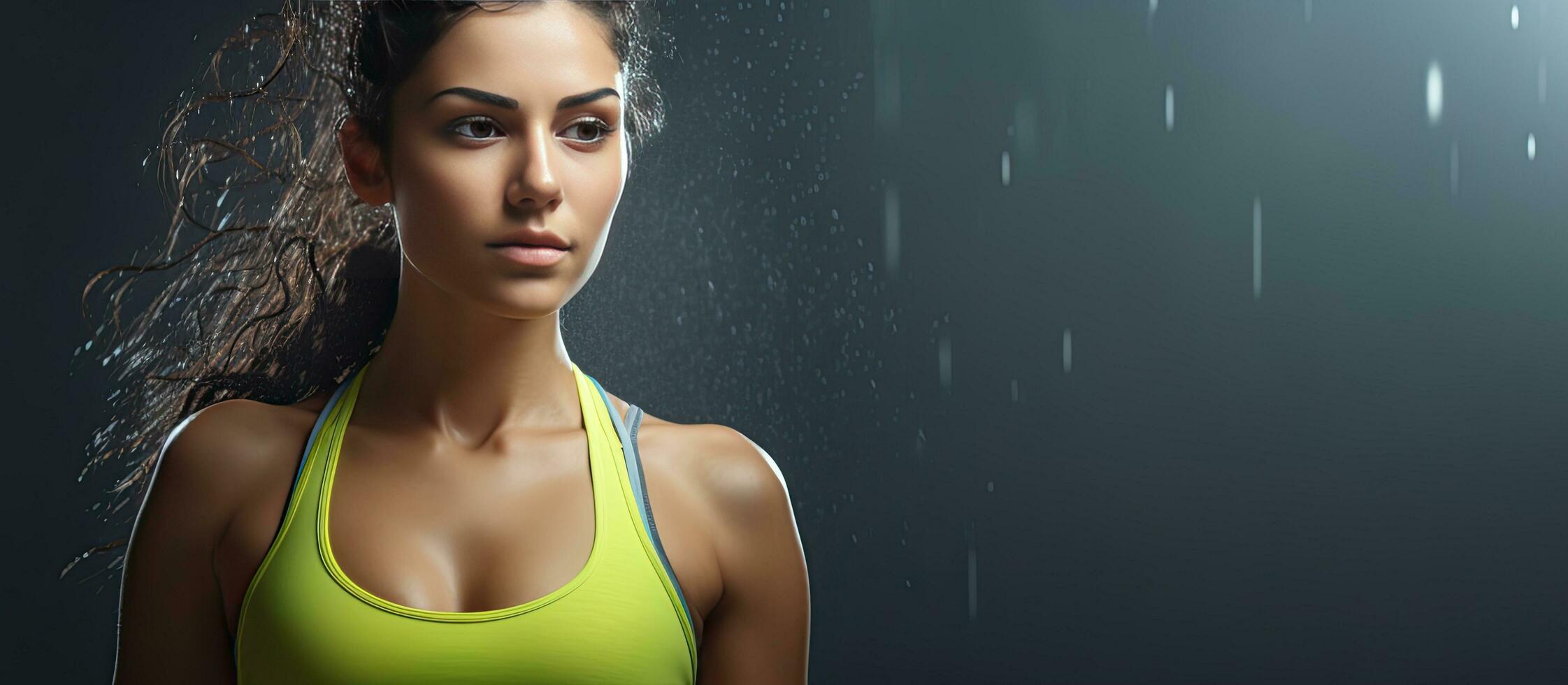 Fit sportswoman ready for a sprint over grey background with space for text photo