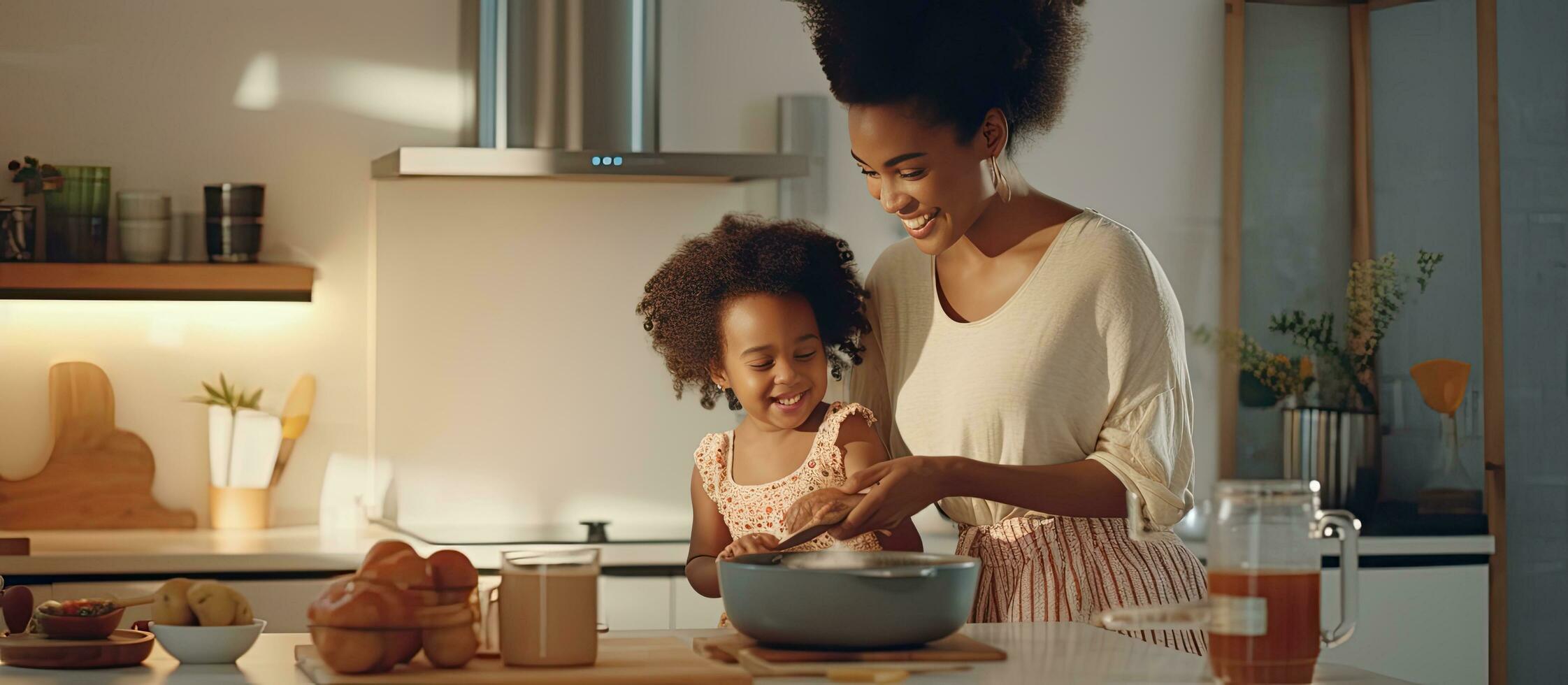 African American mother joyfully cooking in kitchen with baby on hands preparing healthy food stirring with spatula photo