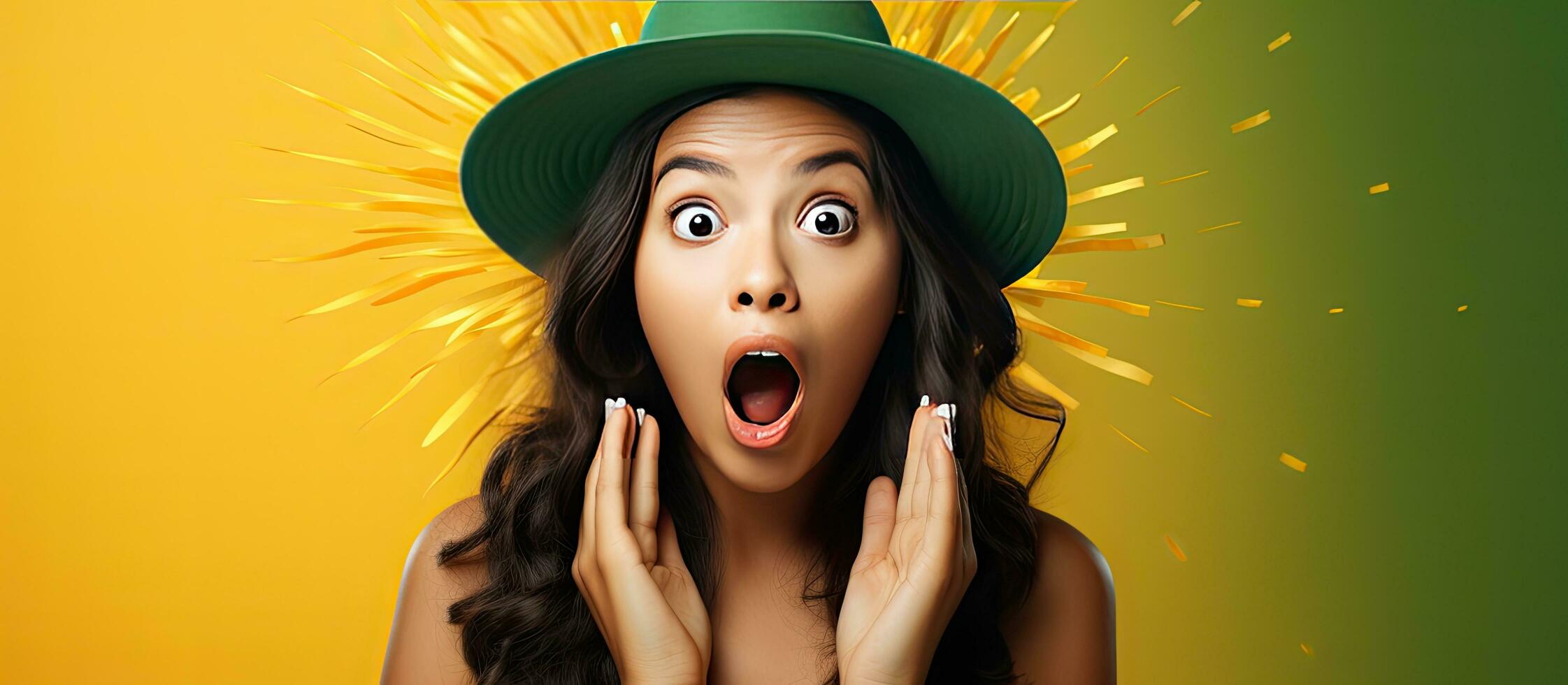 Surprised Asian woman in green shirt celebrating blowing into a pipe with hands spread against yellow background photo