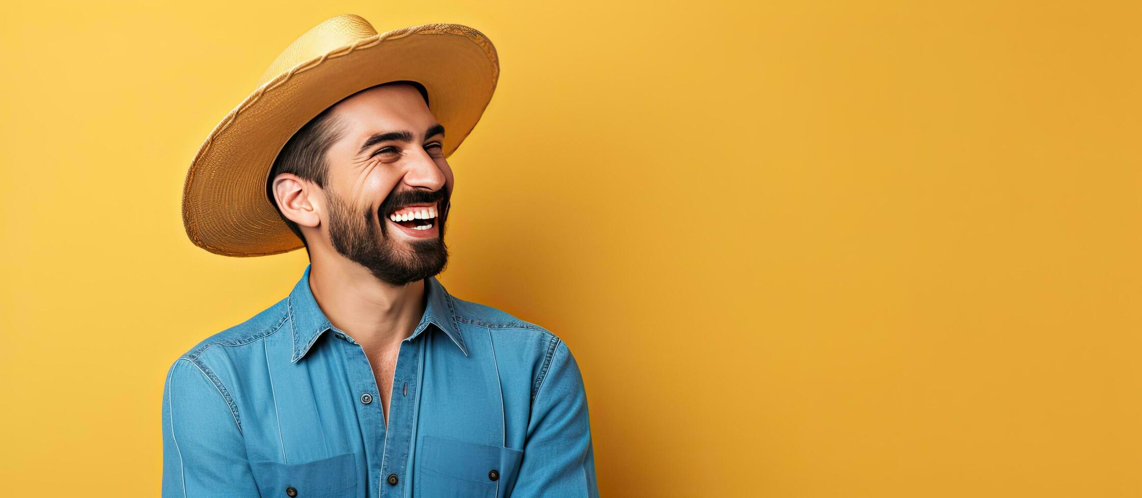 A smiling man in a blue shirt with a beard standing alone on a yellow orange wall background Lifestyle concept Copy space available He is holding his h photo