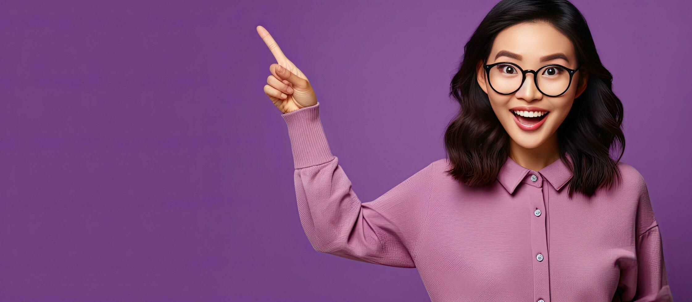An Asian girl with glasses stands against a purple background smiling and pointing with open palms to advertise while looking joyful photo