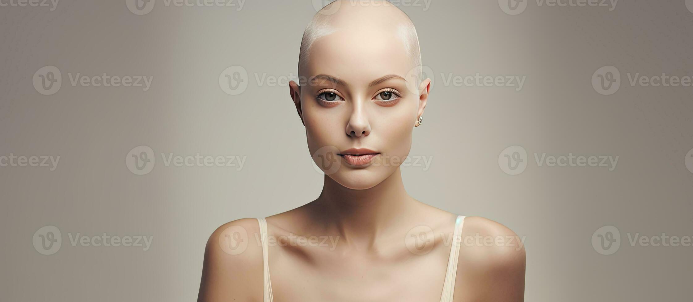 Confident bald woman posing waist up minimal background alopecia and cancer awareness photo