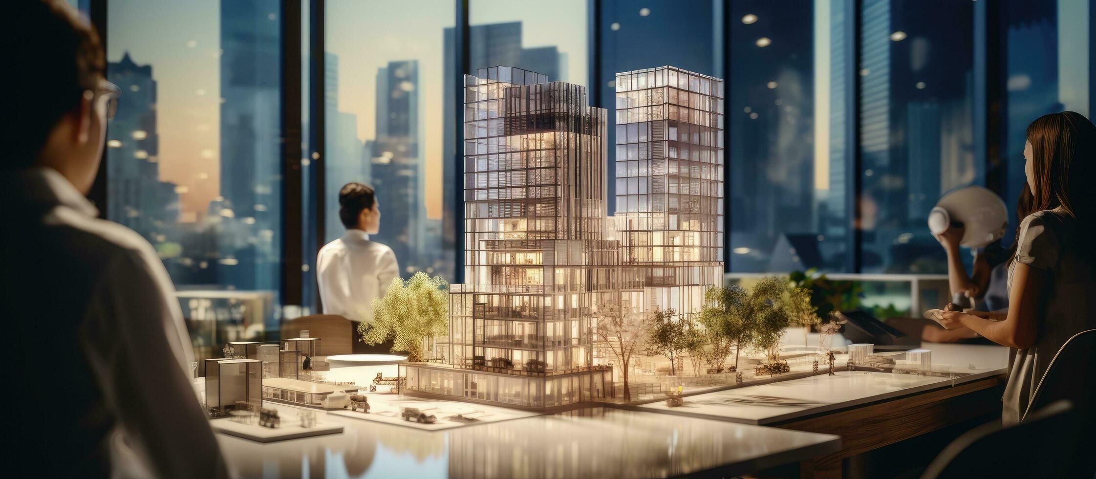 Asian Vietnamese woman team leader holds meeting with diverse engineering team at office table reviewing construction plans and architect equipment for photo