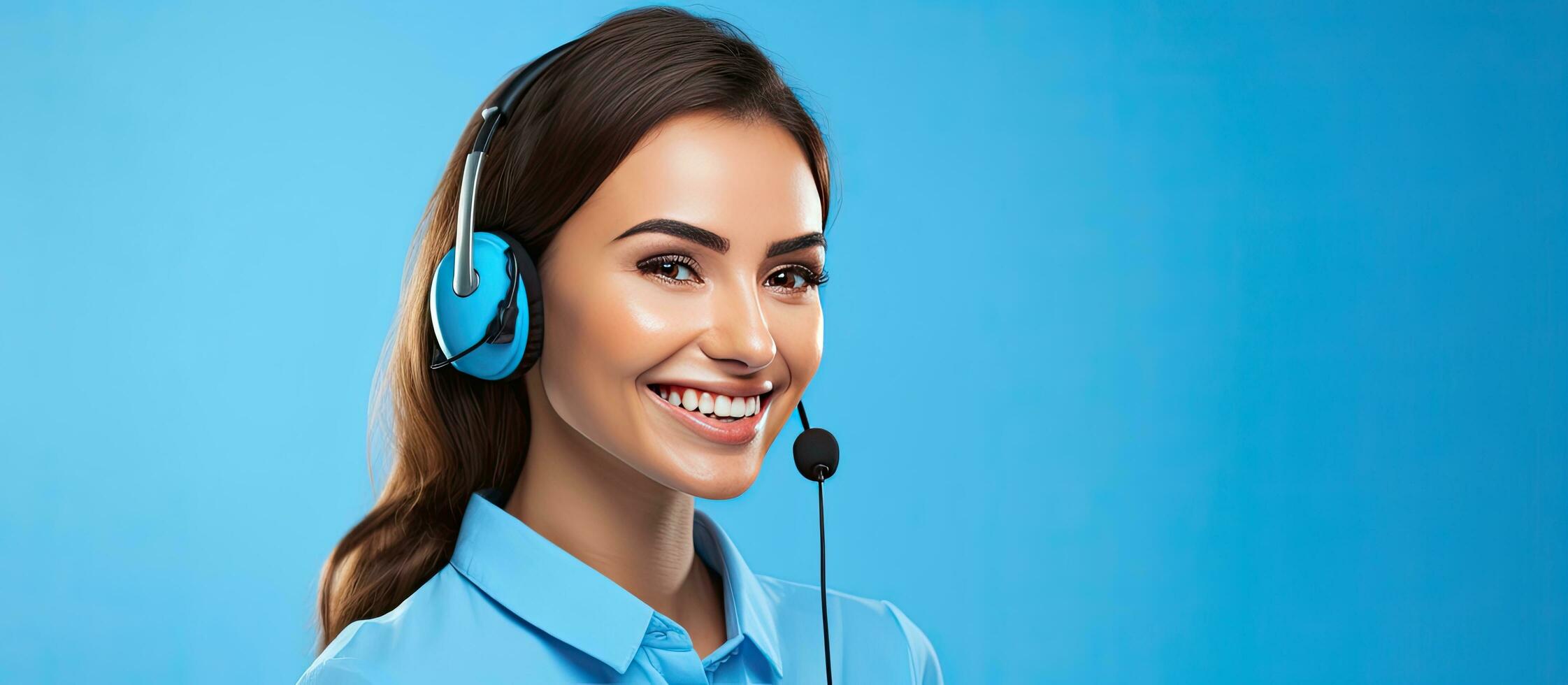 Cheerful girl with copy space showing as help desk service isolated on blue background photo