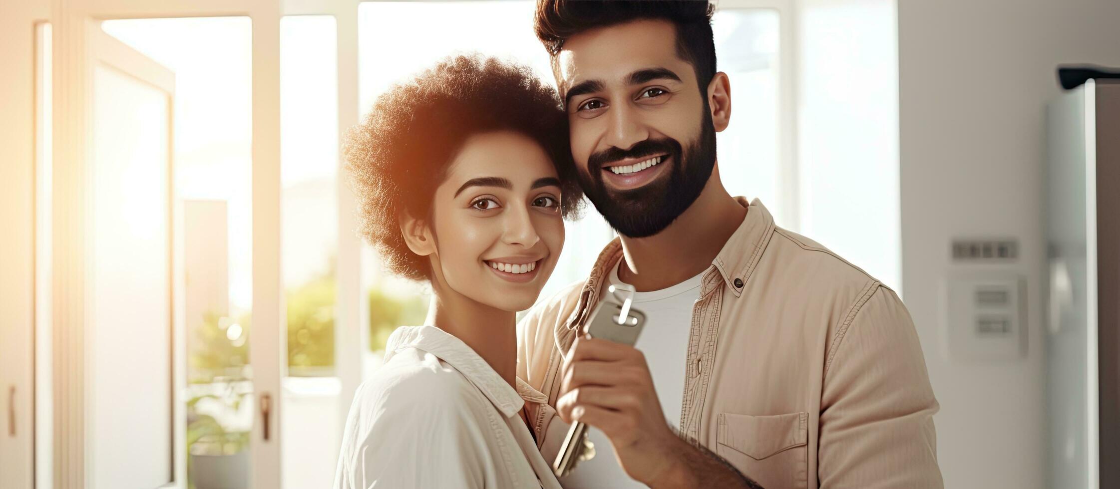 Smiling young couple excited about new home selective focus photo