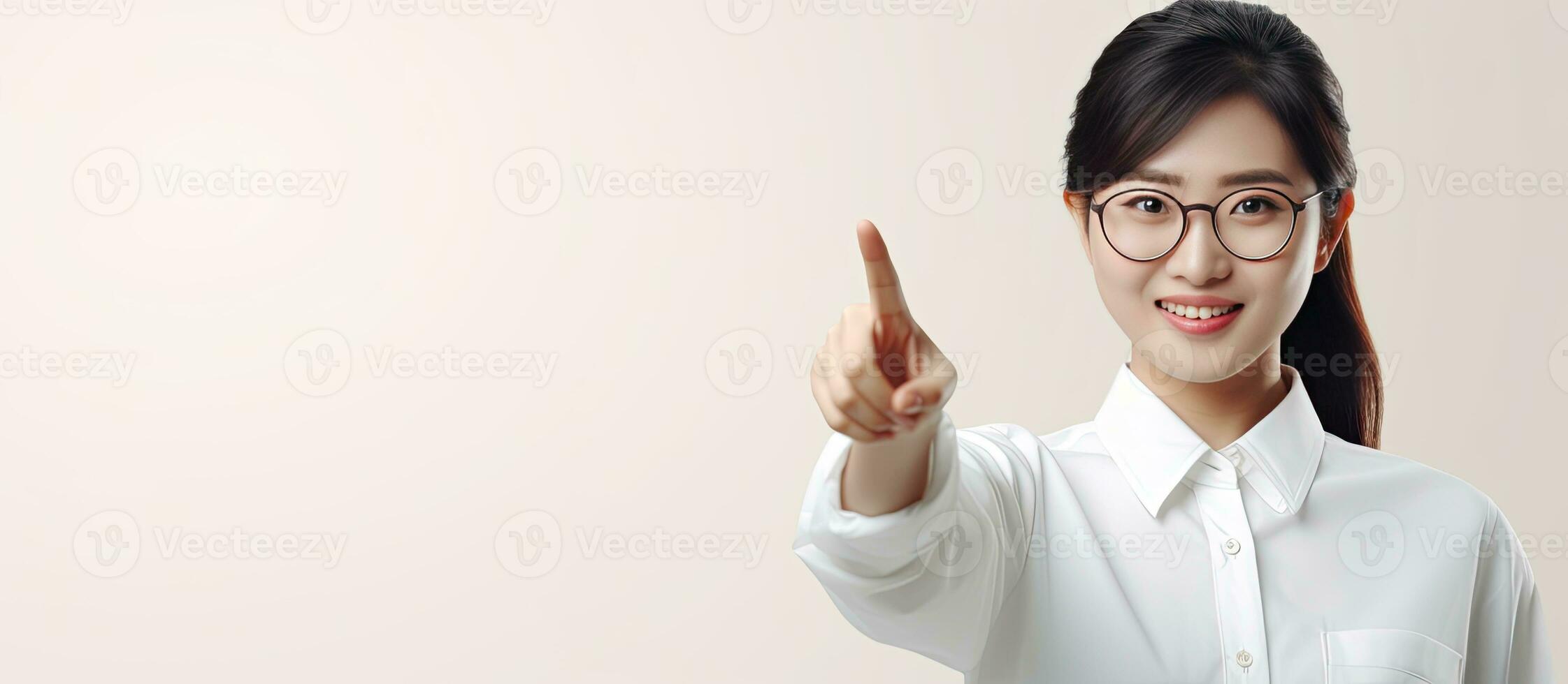 Smiling Asian woman in white shirt pointing to empty space photo