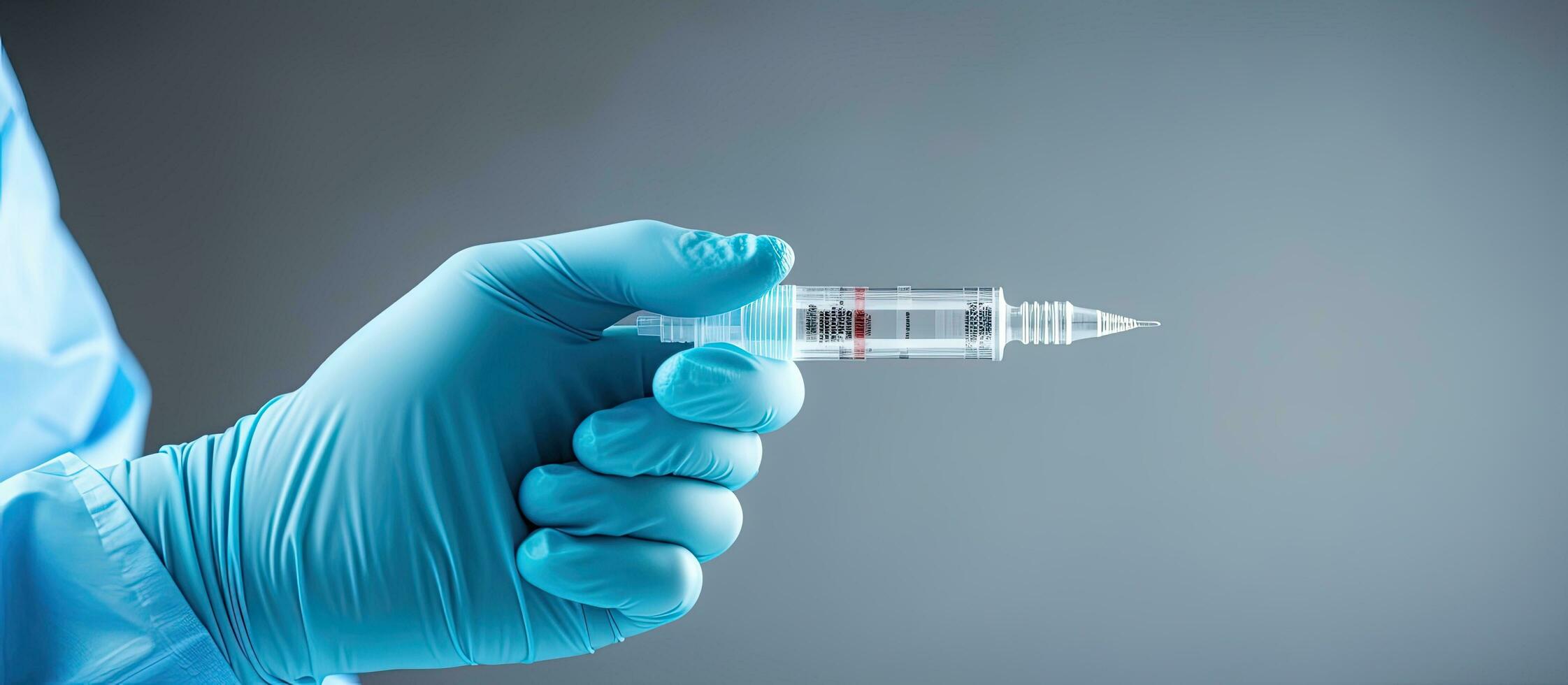 Unidentified healthcare professional holds COVID 19 vaccine vial isolated on grey photo