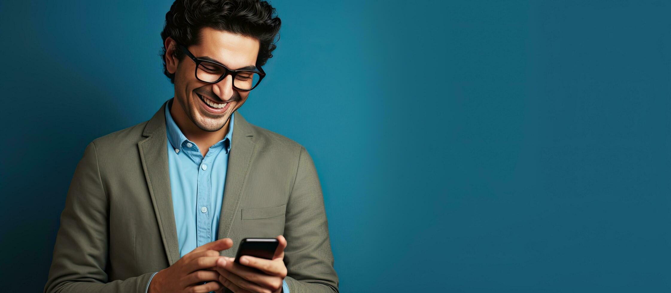 A man in glasses happily reads a text on his phone against a blue background photo