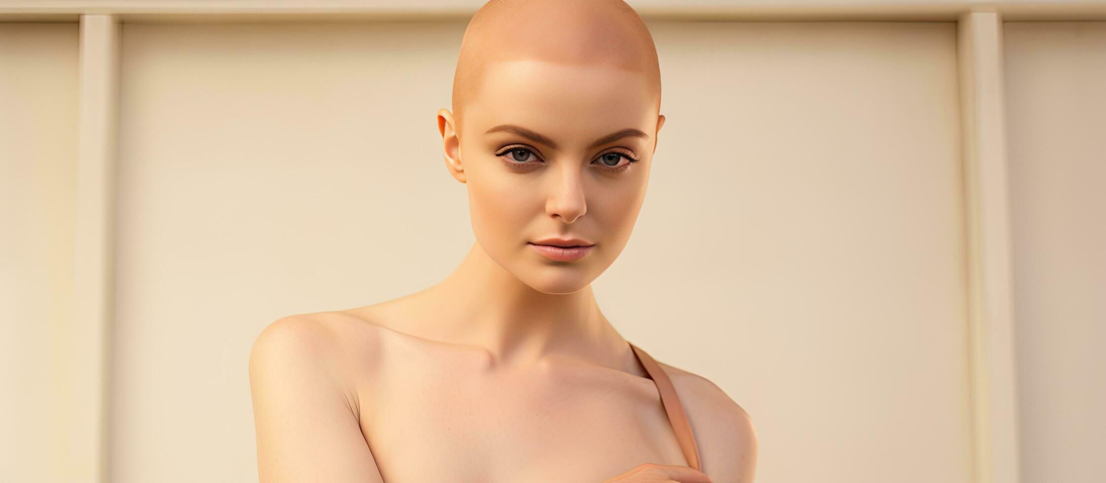 Confident bald woman posing waist up minimal background alopecia and cancer awareness photo