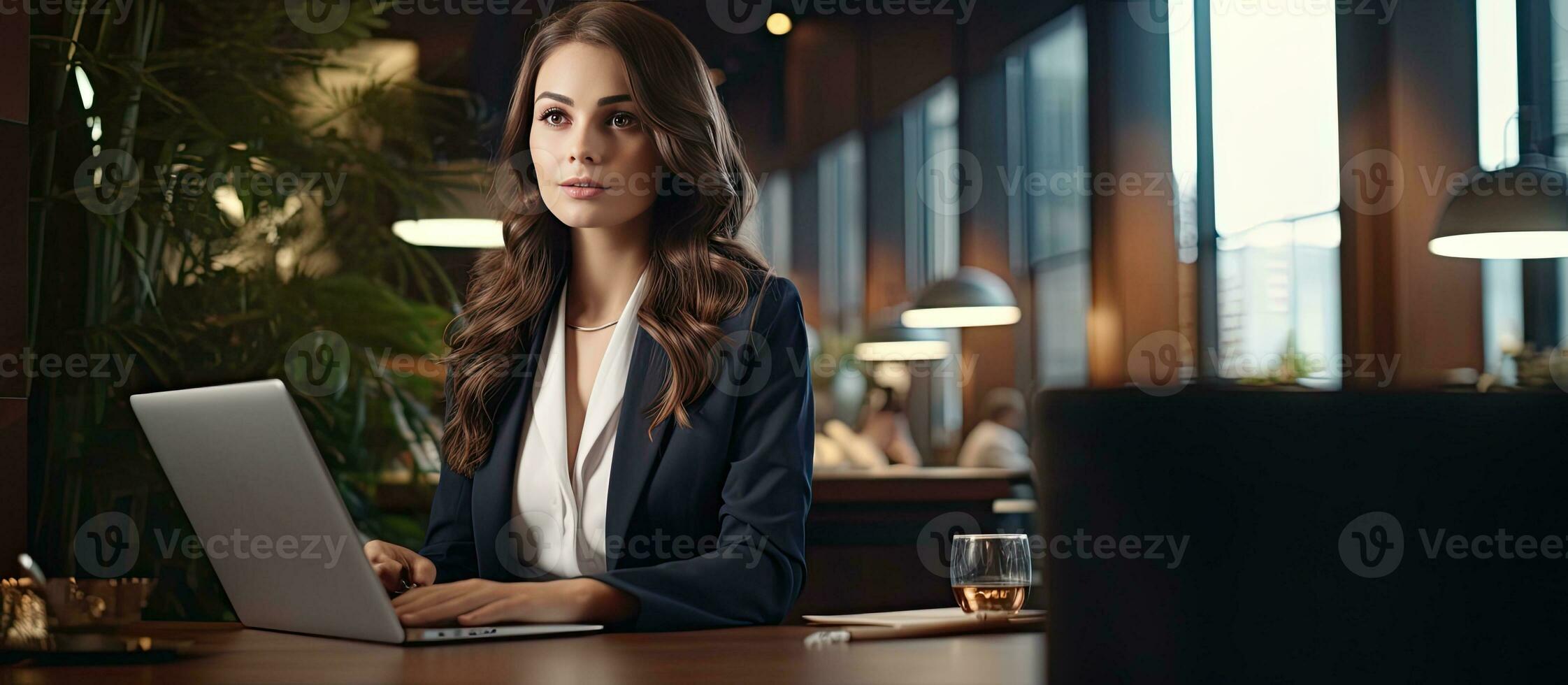 Beautiful brunette student working in a modern office next to a laptop with copy space photo