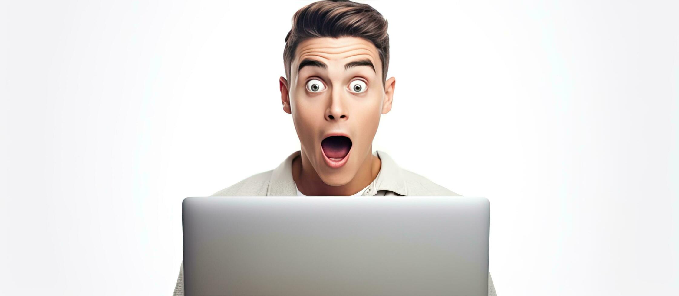 Surprised young man peeks from behind laptop holds blank screen on white background photo