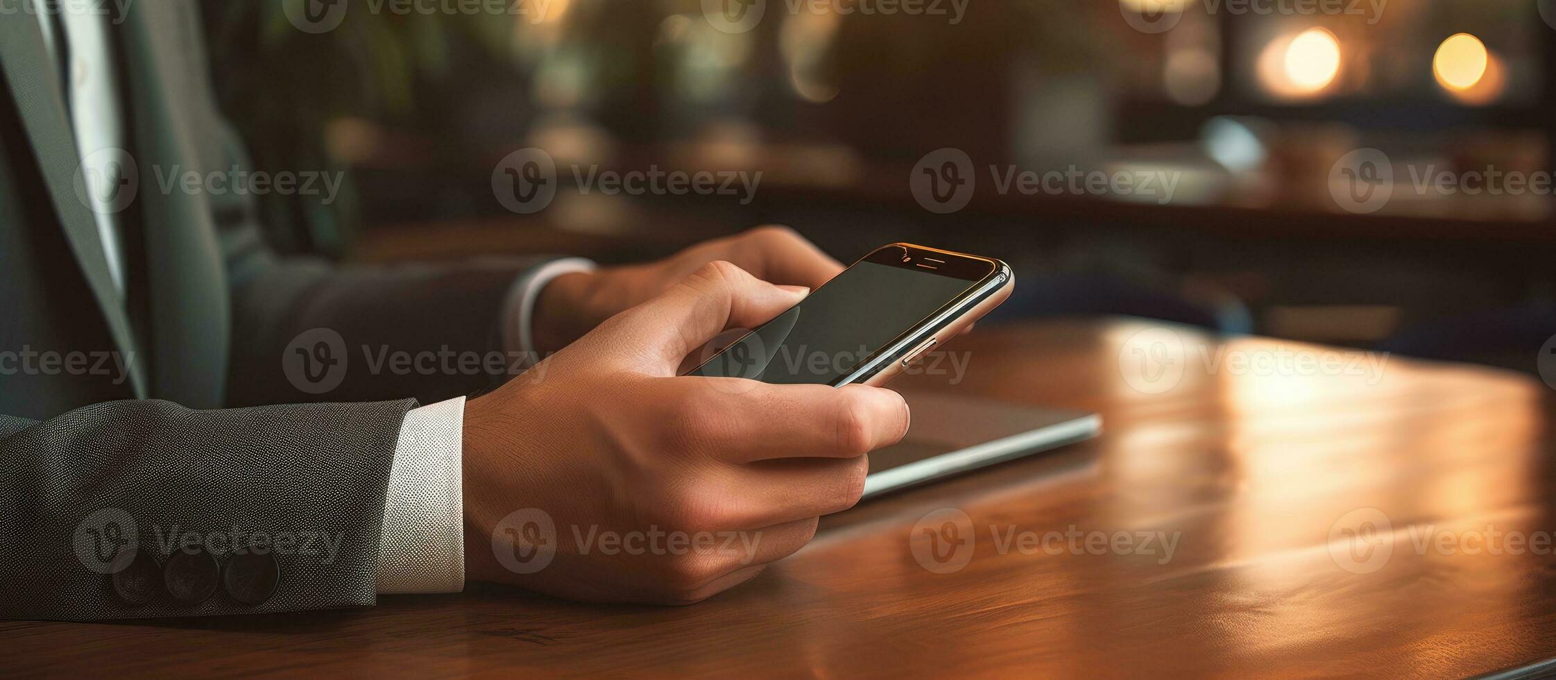 Man using smartphone businessman working on cell phone student typing on phone at desk light flare photo