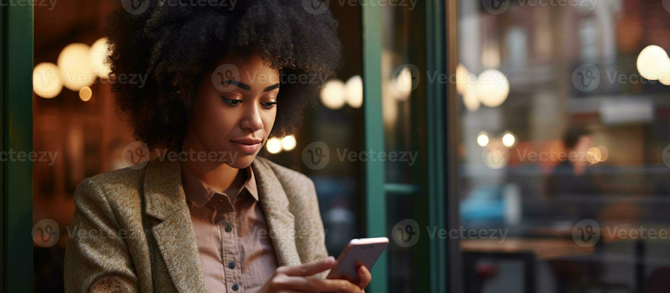 Dark skinned student multitasking in front of a window contemplating and interacting on phone photo