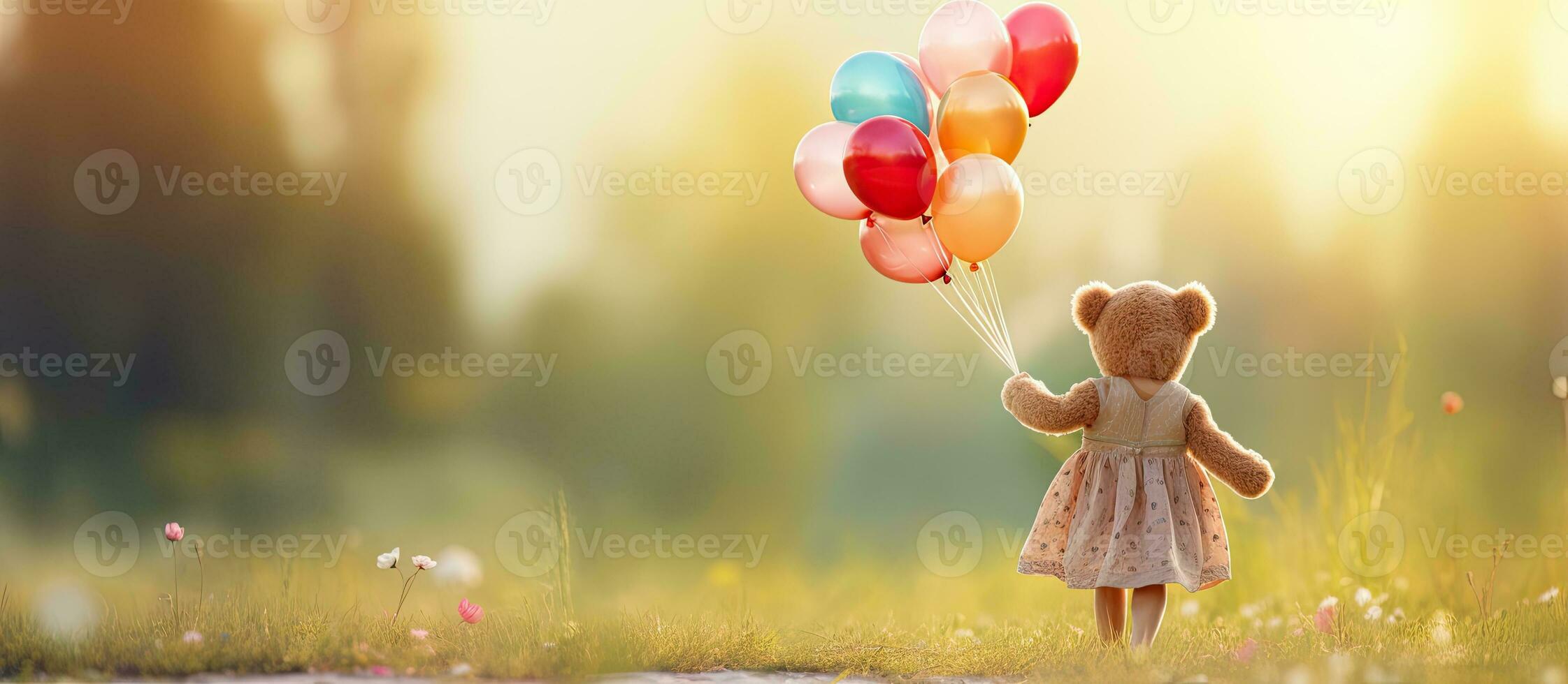 Little girl with autism happily playing with her best friend a teddy bear while holding colorful helium balloons in a green park playground with copy s photo