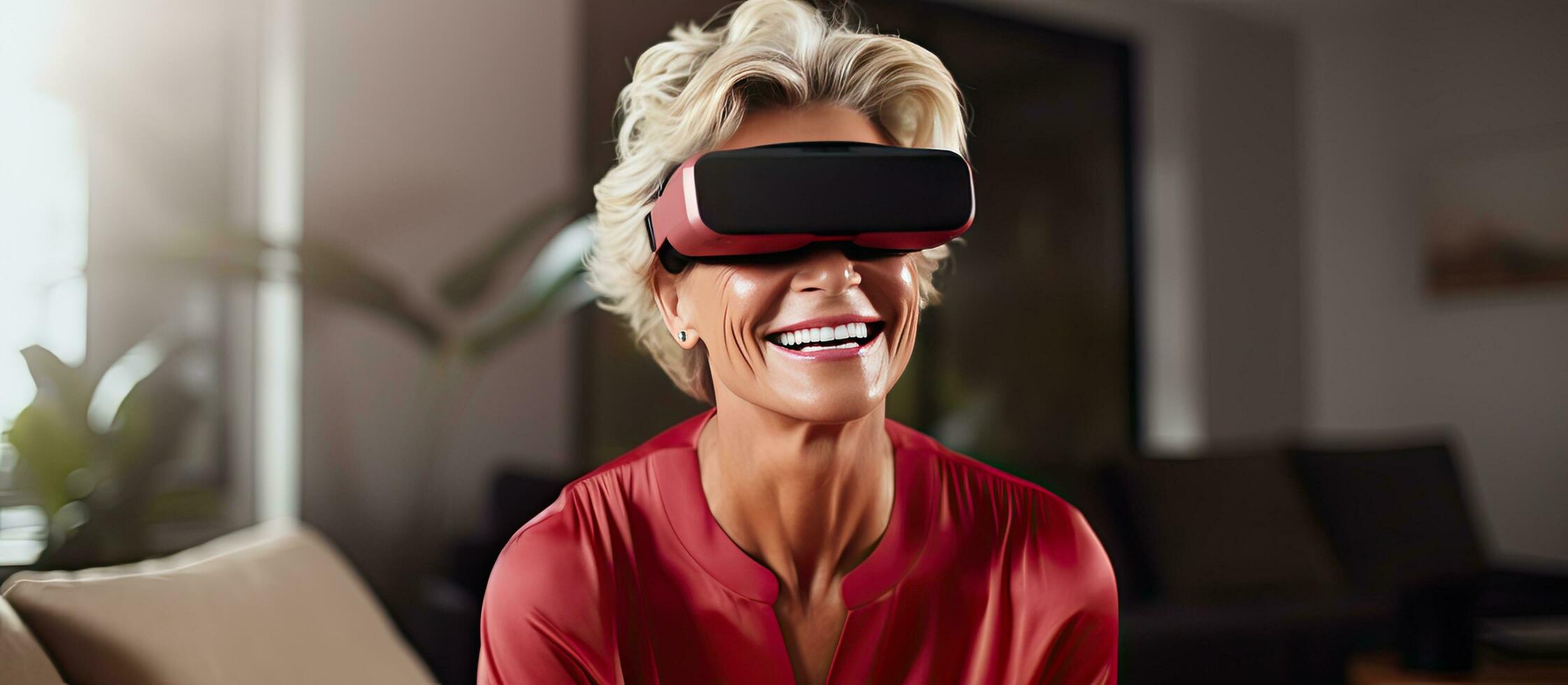 Blonde woman plays video game at home happily smiling and celebrating the win using a joystick controller photo