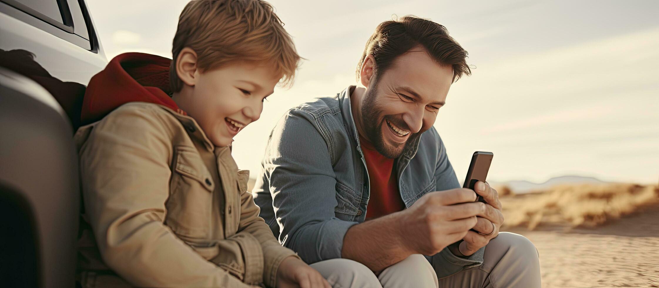 Father and son having fun while using mobile phone outdoors photo