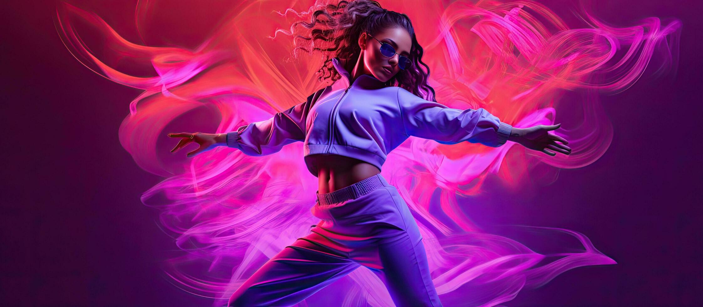 Adolescent girl in trendy athletic attire hip hop dances on a pink purple  gradient background illuminated by neon lights Reflects modern dance youth  pa 27184236 Stock Photo at Vecteezy
