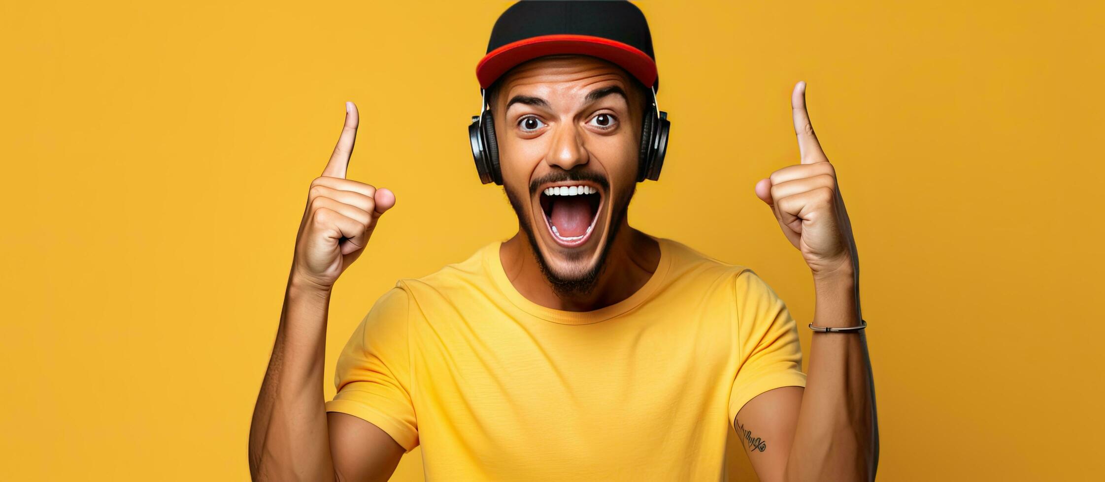 Enthusiastic 20 something man wearing casual attire and accessories signaling to call him back isolated on yellow background photo