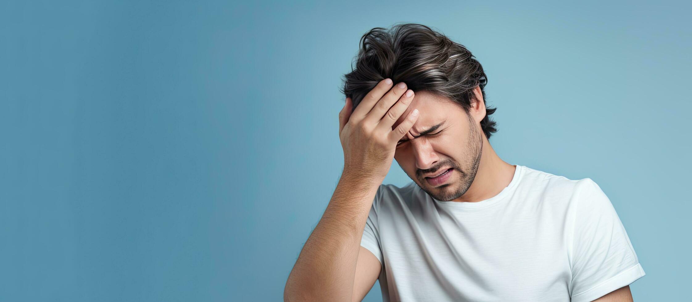 Unwell man with fever and flu touching head and standing in white t shirt on blue background Represents sickness and migraine symptom photo