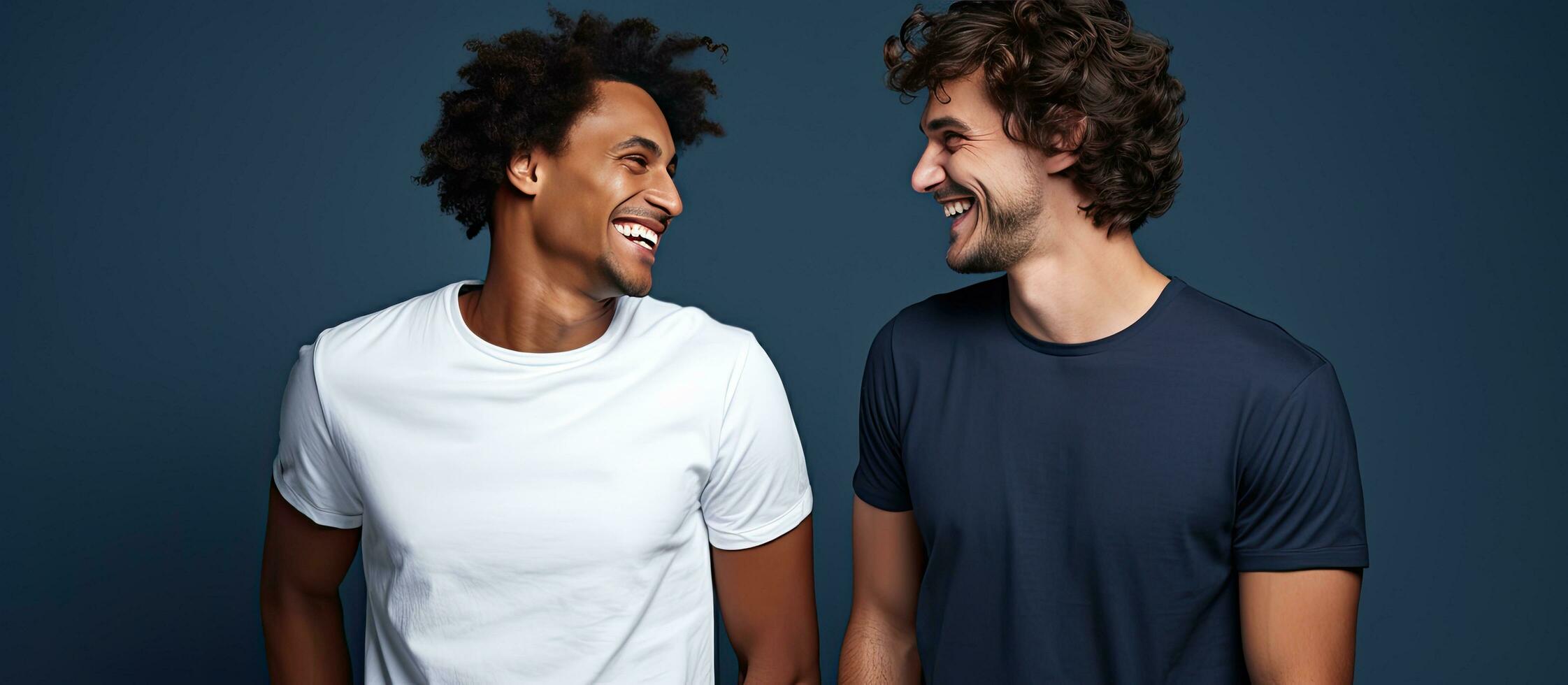 Two young men in their 20s wearing white casual shirts are happily talking together in a studio portrait with a dark blue background photo