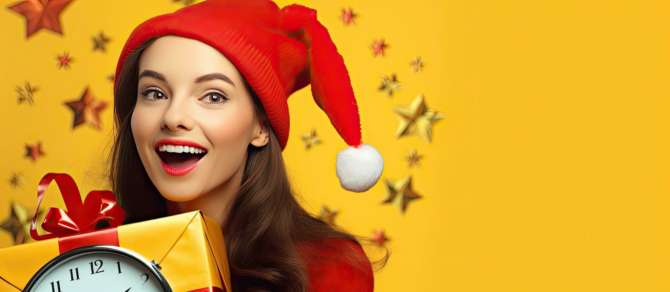 Smiling girl with box on yellow background banner with copy space Seasonal sales Boxing Day presents and gifts purchase photo