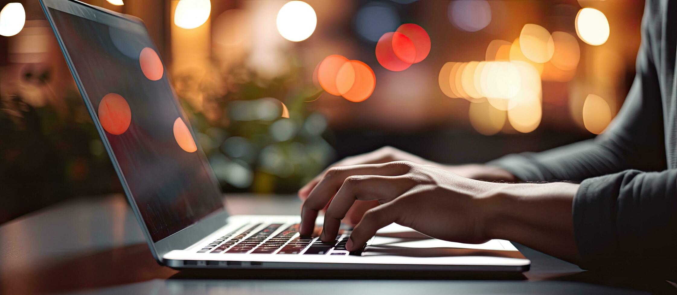 Young man using laptop at night with blurred bokeh background horizontal image size with space for text photo