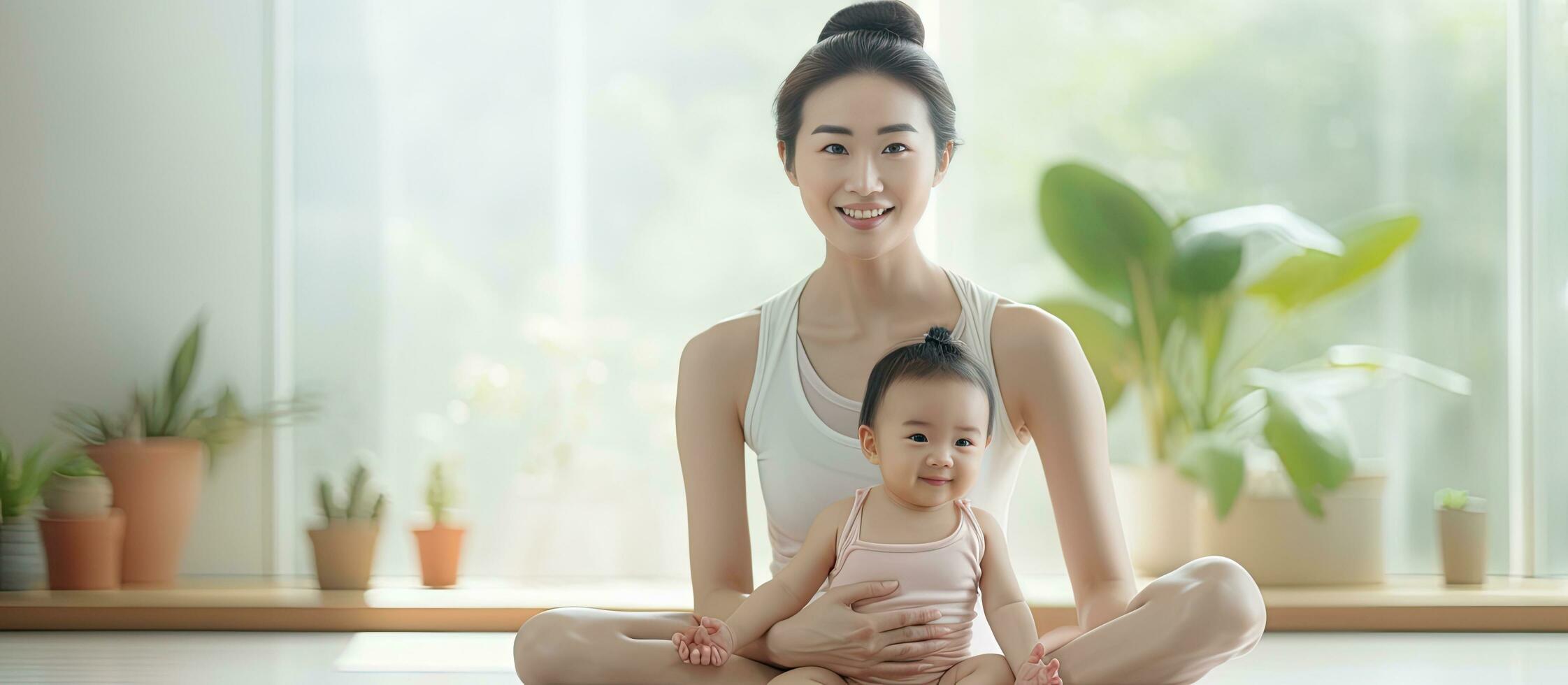 Asian woman taking a break after yoga and exercise at home representing the new normal of lockdown and social distancing during the coronavirus crisis photo