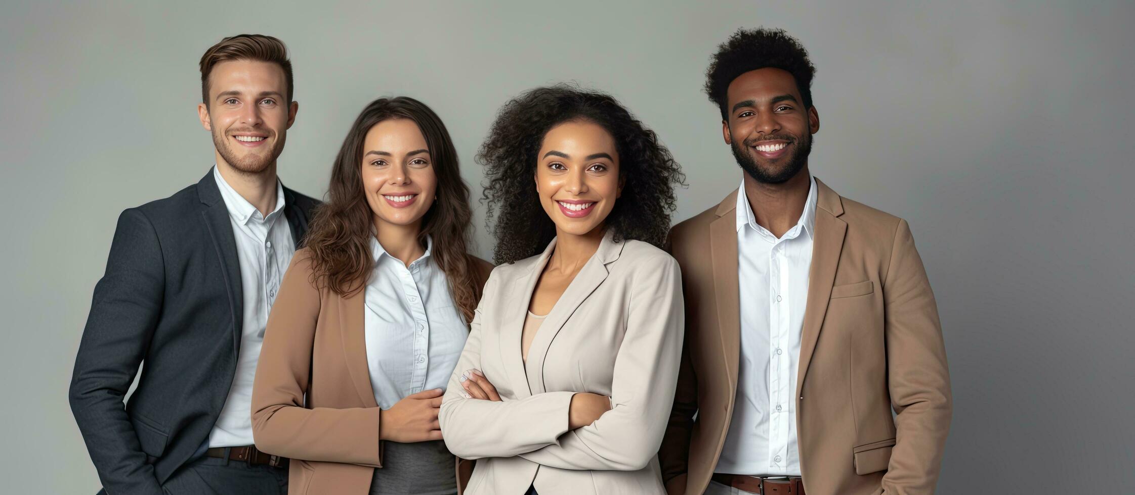 Four young professionals from different backgrounds pose near a grey wall for an ad about the new concept of a diverse workforce photo