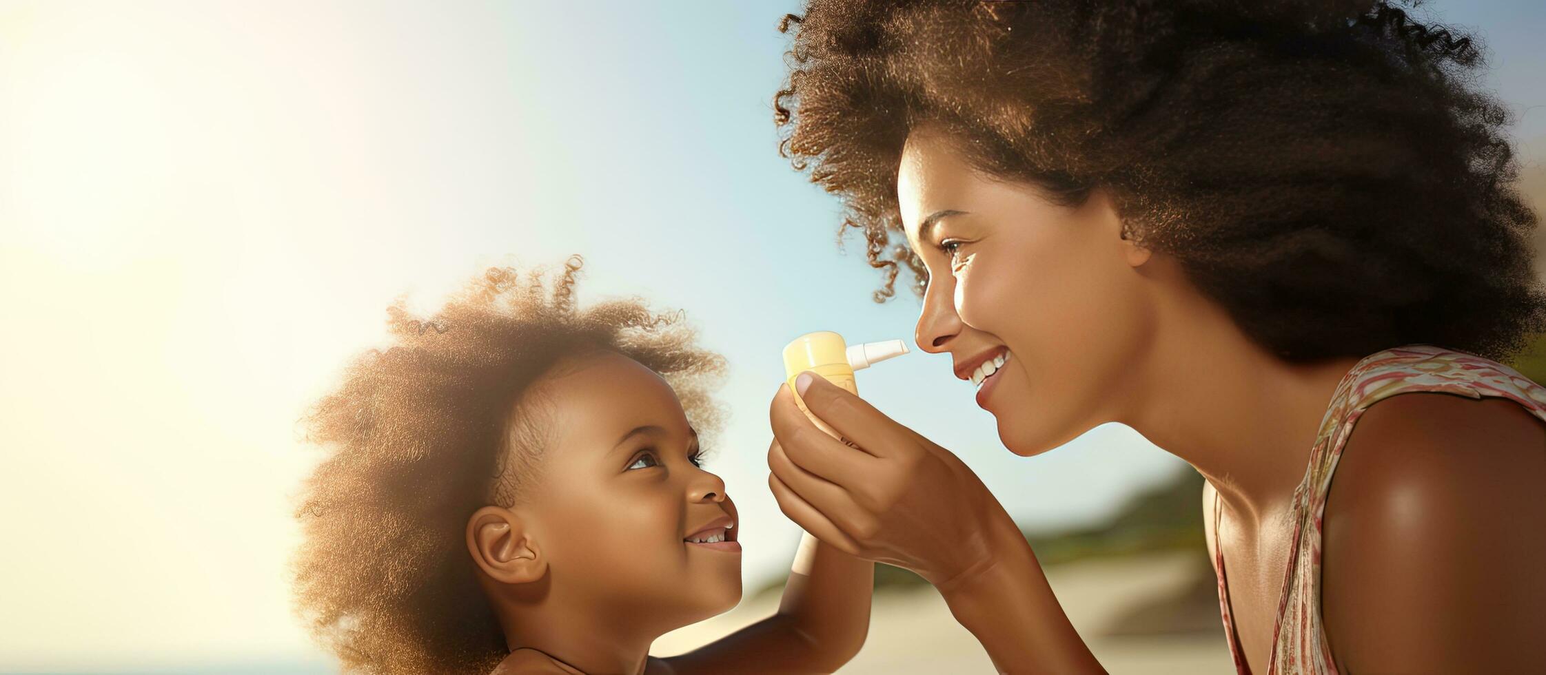Mother applying sunscreen on daughter s nose at beach Black woman applying sun lotion on girl s face African american girl with sunblock cream photo