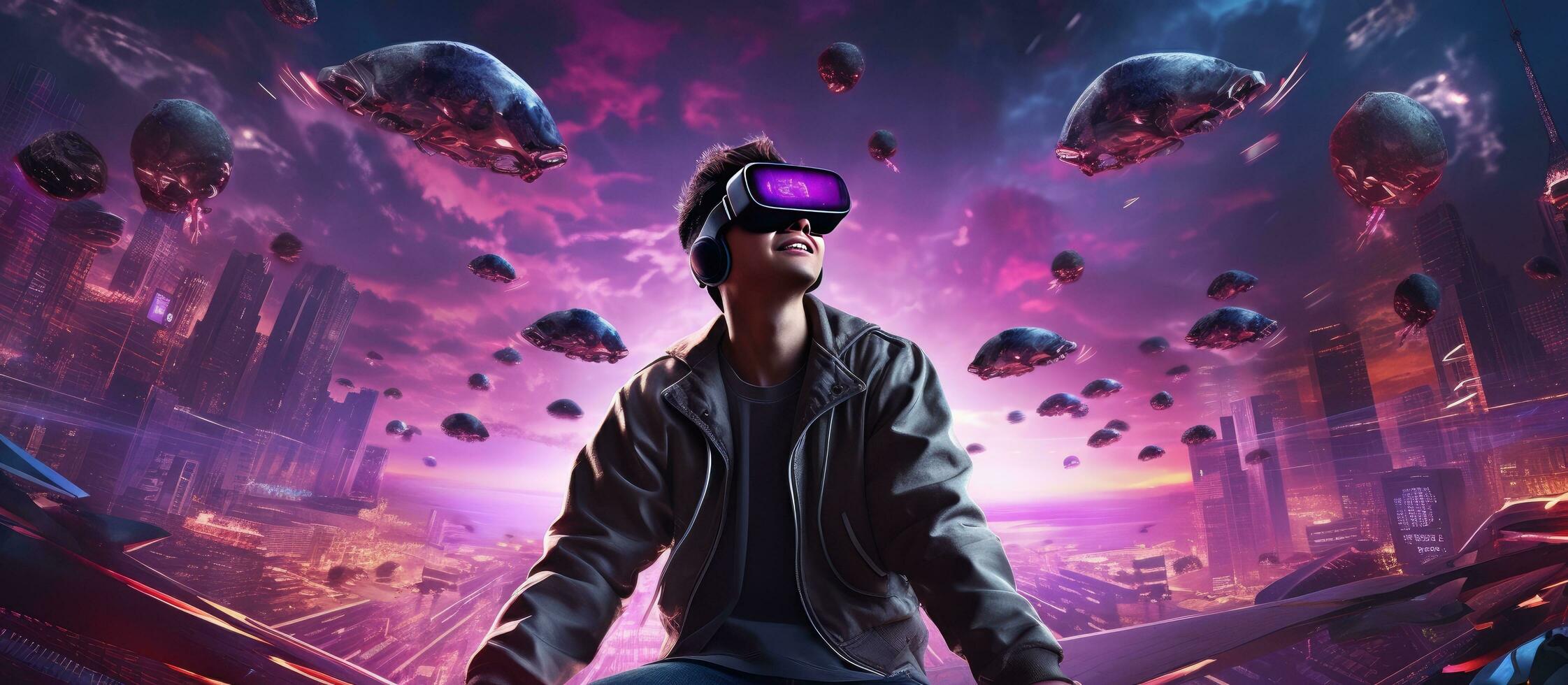 Asian man in VR headset floating in purple cyberpunk neon background playing video game representing Metaverse concept photo
