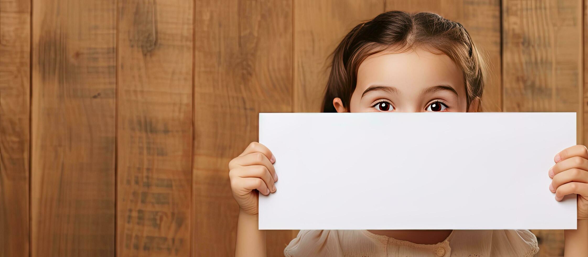 Happy girl behind empty advertisement board on brown background photo