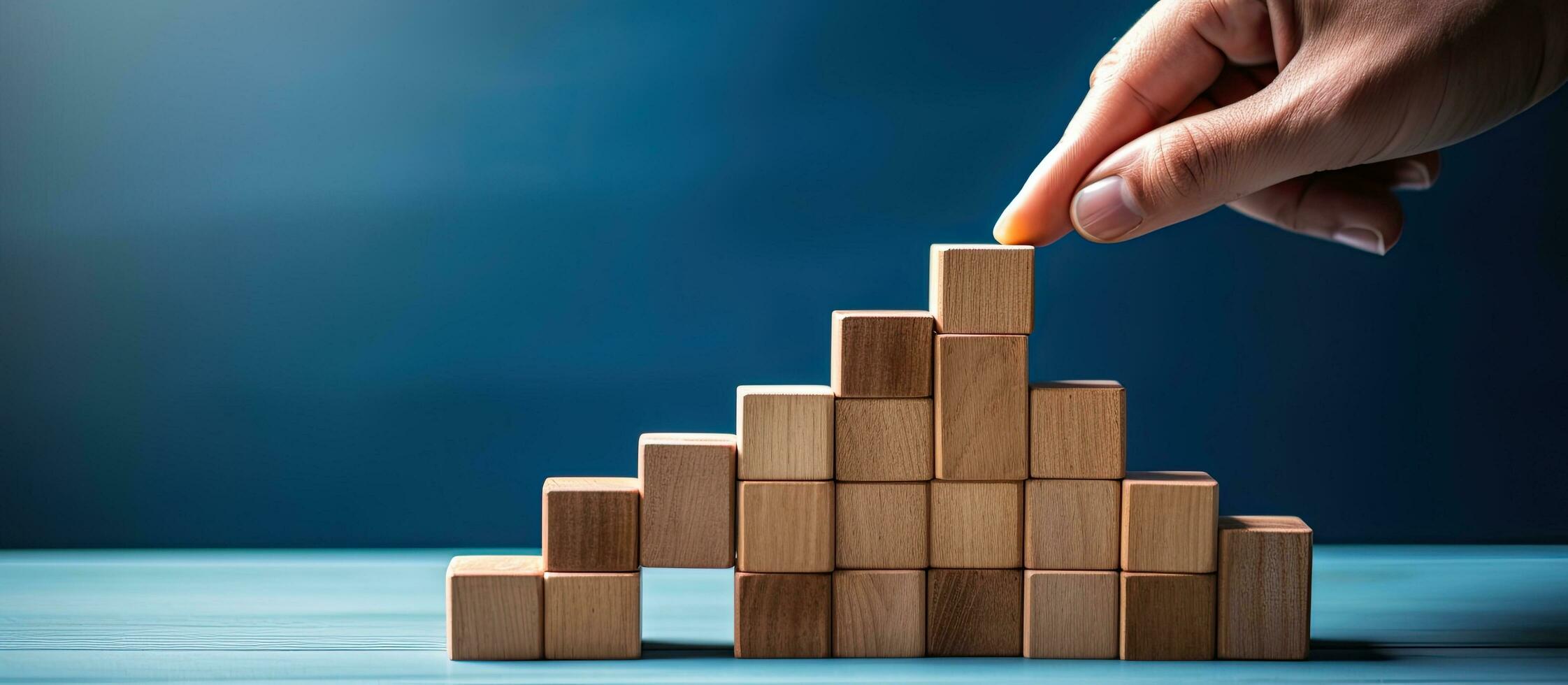 A woman aligns wooden blocks to create a step like structure on a blue background representing the growth and success of a business concept photo
