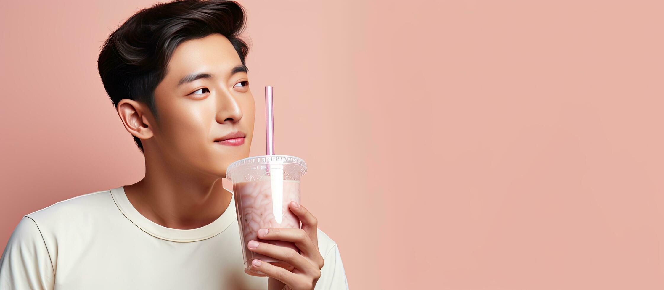 Asian man drinking boba tea and observing empty area photo