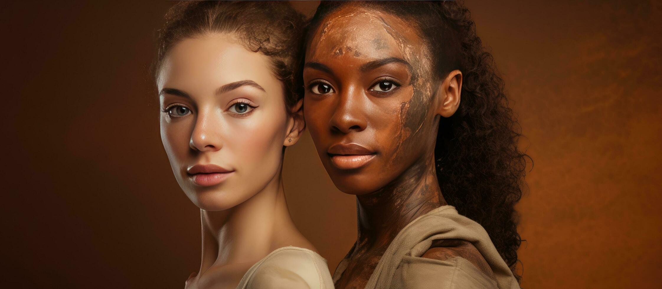 Two young ladies with skin condition embracing their natural beauty standing on a brown background photo