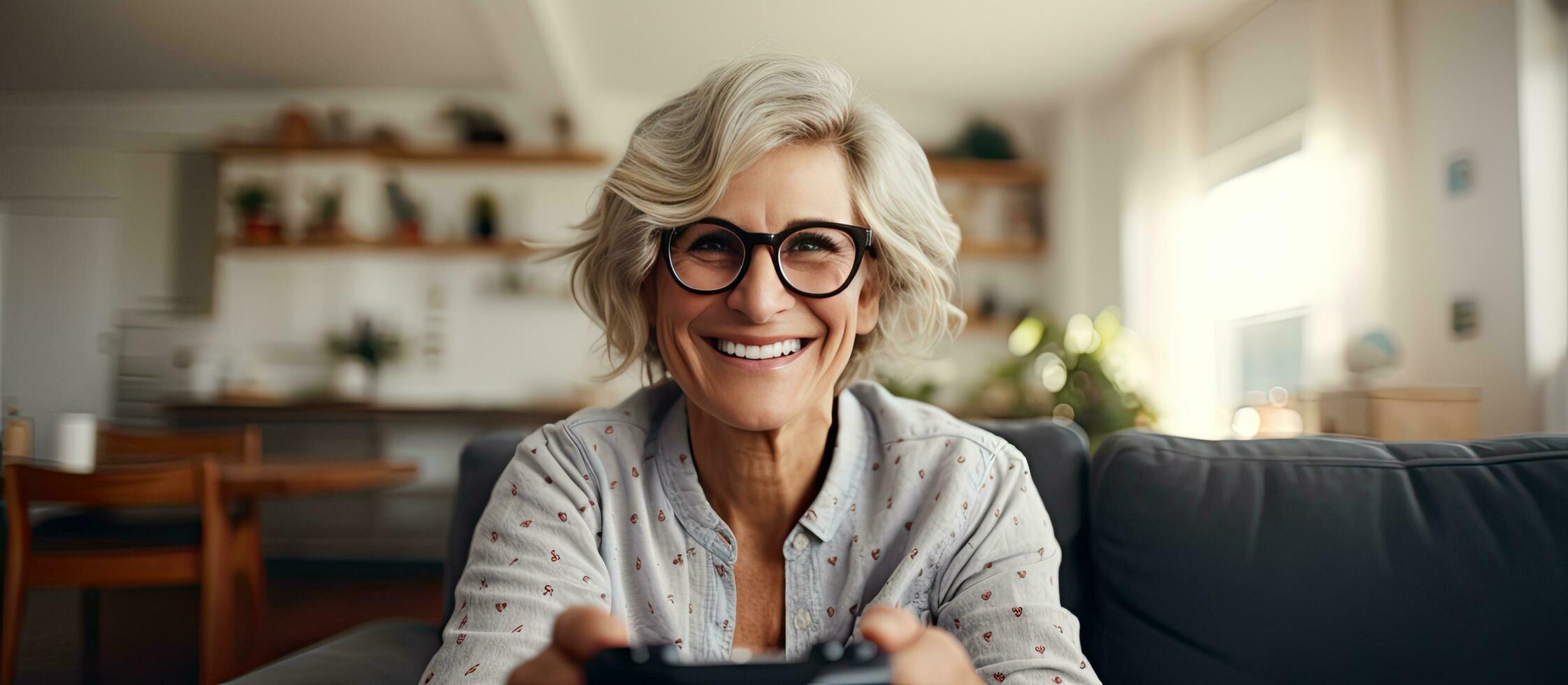 A blonde woman with glasses plays a video game using a joystick at home showing joy and celebrating a win photo
