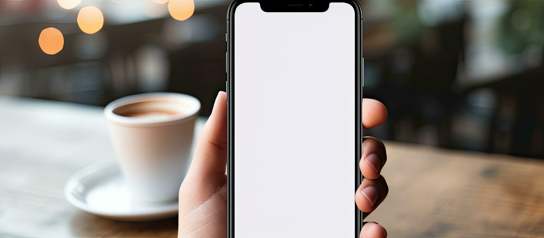 A woman texting on a mobile phone at a coffee shop with a blank white screen mockup photo