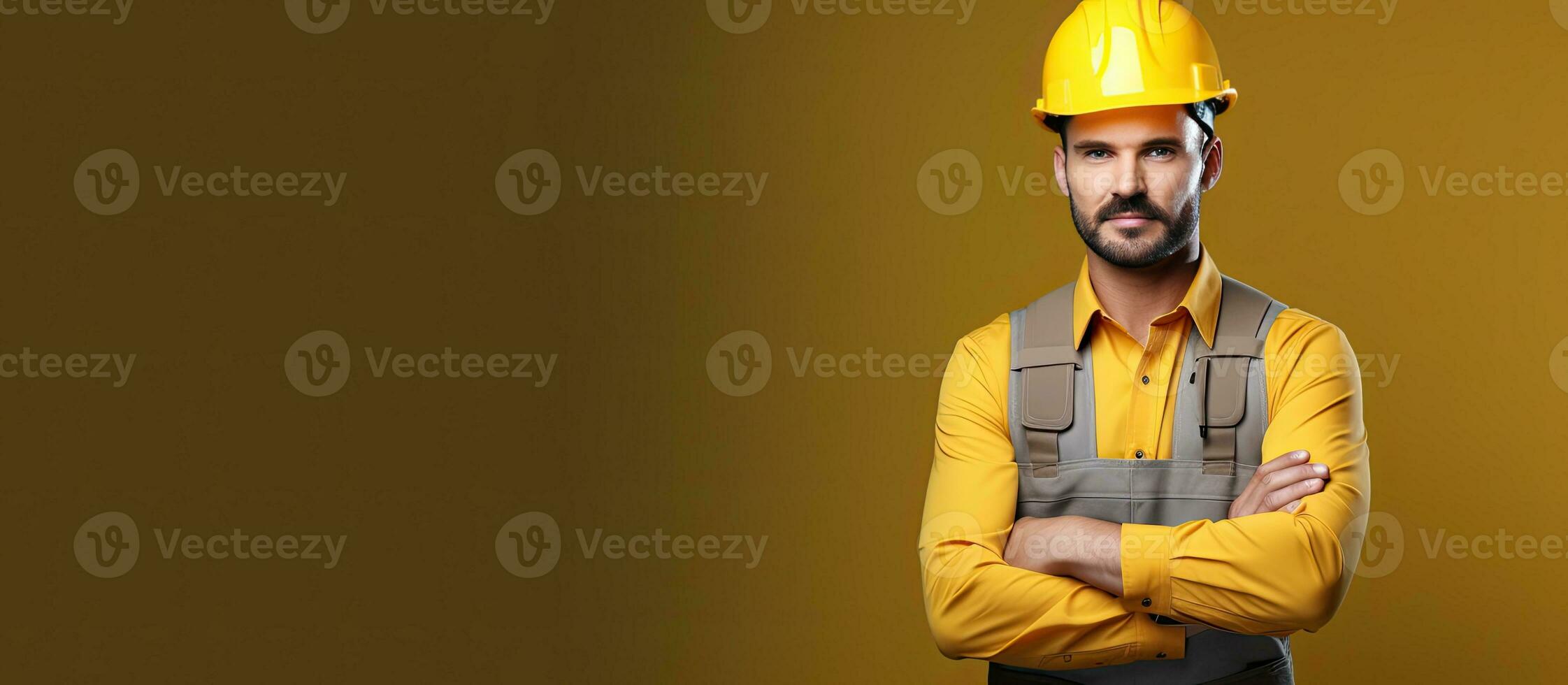 Young engineer posing with arms crossed in front of a background wearing a hard hat safety helmet and waistcoat photo