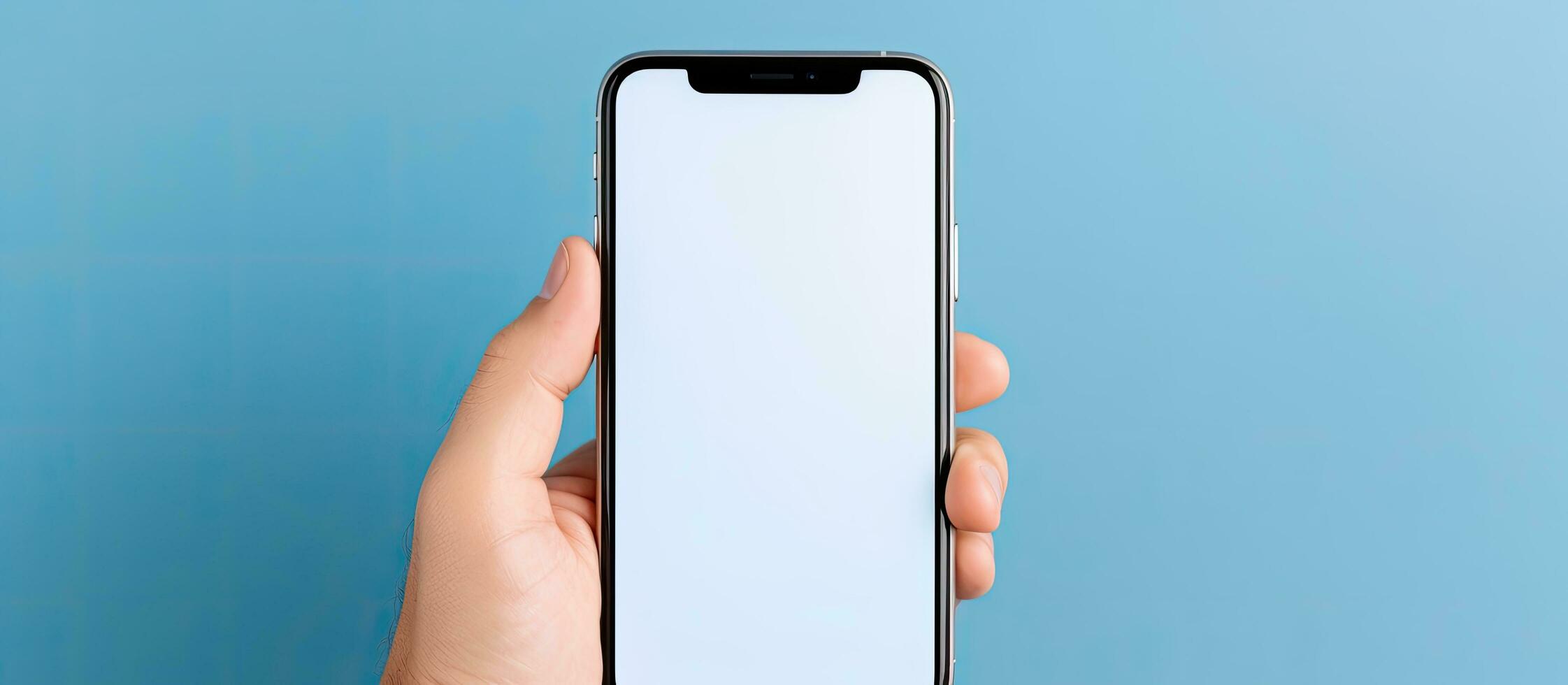 Middle aged man with grey hair using a big phone to check a new mobile app on a blue background with empty white screen and space for advertising photo