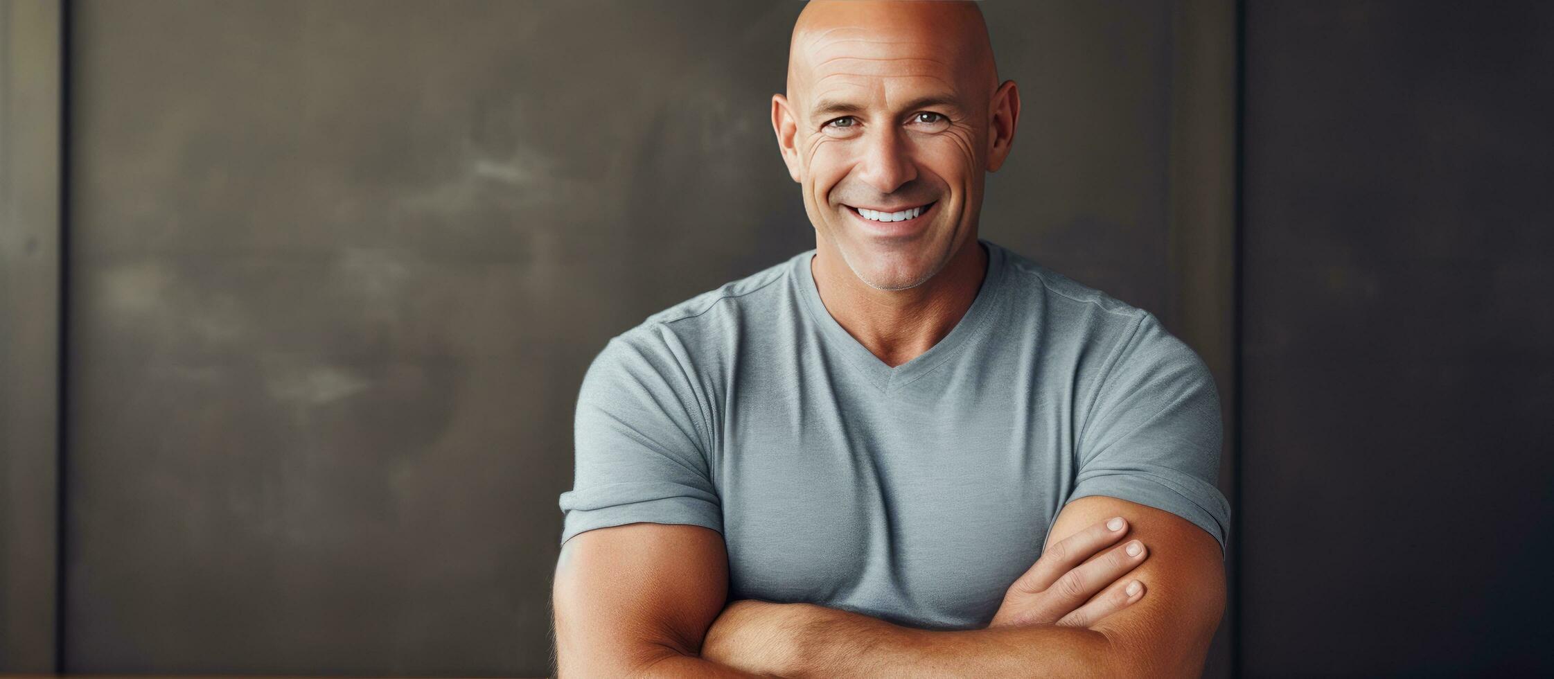 Confident mature bald man with crossed arms smiling waist up portrait photo