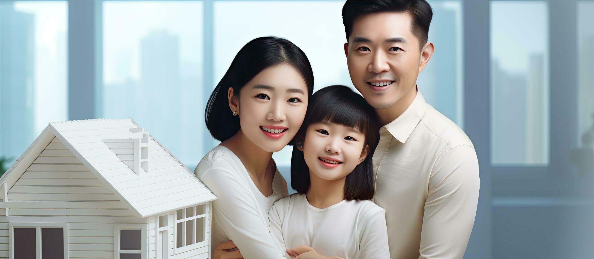 Asian family in new house with white plastic roof symbolizing new family housing with space for website banner photo